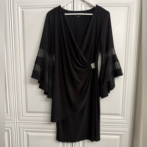 R&M Richards Size 12 Black Gathered Wrap Dress Rhinestone Clasp Flowy Sleeves
